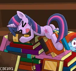 Size: 1210x1134 | Tagged: safe, artist:crimsonbugeye, derpibooru import, rainbow dash, twilight sparkle, pegasus, pony, unicorn, ><, blushing, book, confused, duo, duo female, eyes closed, female, foreshadowing, mare, pile, plot, that pony sure does love books