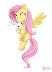 Size: 704x974 | Tagged: dead source, safe, artist:mysticalpha, derpibooru import, angel bunny, fluttershy, pegasus, pony, eyes closed, female, flying, happy, mare, simple background, white background