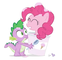Size: 750x732 | Tagged: safe, artist:dm29, derpibooru import, pinkie pie, spike, dragon, earth pony, pony, duo, female, ice cream, male, mare, simple background, smiling, spoon, transparent background