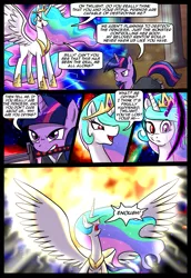 Size: 895x1300 | Tagged: safe, artist:madmax, derpibooru import, princess celestia, twilight sparkle, alicorn, pony, unicorn, alternate universe, battle for equestria, bleach (manga), comic, confrontation, crossover, crying, duo, duo female, female, kurosaki ichigo, mare, mouth hold, possession, possesstia, princess, sword, weapon