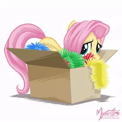 Size: 825x825 | Tagged: safe, artist:mysticalpha, derpibooru import, fluttershy, pegasus, pony, box, female, mare, pony in a box, simple background, solo, tinsel