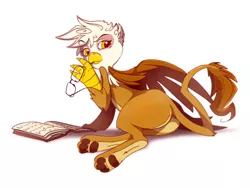 Size: 1250x940 | Tagged: dead source, safe, artist:science fox, artist:vetusproliator, derpibooru import, gilda, gryphon, book, female, glasses, looking back, lying, paw pads, paws, plot, pose, prone, reading, simple background, solo, underpaw, white background