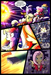 Size: 895x1300 | Tagged: safe, artist:madmax, derpibooru import, applejack, fluttershy, pinkie pie, princess celestia, rainbow dash, rarity, twilight sparkle, alicorn, earth pony, pegasus, pony, unicorn, battle for equestria, comic, crossover, dante (devil may cry), deadpool, devil may cry 3, female, fight, ken, kurosaki ichigo, mane six, mare, ms marvel, pisces aphrodite, princess, space, tyrant celestia