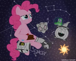 Size: 2500x2000 | Tagged: dead source, safe, artist:zutheskunk traces, derpibooru import, gummy, pinkie pie, crocodile, earth pony, pony, robot, big dipper, cake, companion cube, constellation, crossover, dialogue, duo, english, female, food, heart, high res, mare, paint.net, personality core, portal (valve), portal gun, space, space core, spacesuit, sun, wheatley