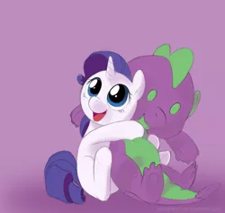 Size: 1350x1278 | Tagged: safe, artist:warepwn3, derpibooru import, rarity, spike, pony, unicorn, cute, female, filly, hug, looking up, male, open mouth, plushie, purple background, raribetes, shipping, simple background, sitting, smiling, solo, sparity, straight, underhoof, younger