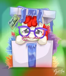 Size: 825x950 | Tagged: safe, artist:mysticalpha, derpibooru import, twist, earth pony, pony, candy cane, christmas, female, filly, glasses, looking at you, mouth hold, pony in a box, solo