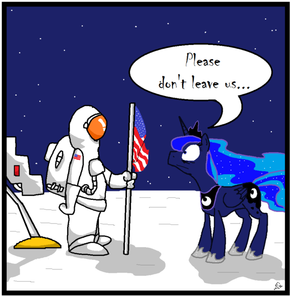 Size: 962x982 | Tagged: safe, artist:sir-croco, derpibooru import, princess luna, alicorn, human, pony, astronaut, comic, crococomics, desperate, duo, female, flag, lonely, lonely luna, luna and the nauts, lunar lander, mare, moon, one-panel comic