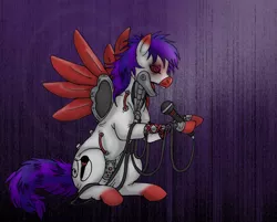 Size: 1044x840 | Tagged: safe, artist:aisu-isme, derpibooru import, oc, oc:small talk, unofficial characters only, pony, robot, robot pony, creepy ponies, microphone, open mouth, sitting, solo, spread wings