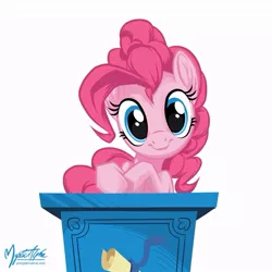 Size: 825x825 | Tagged: safe, artist:mysticalpha, derpibooru import, pinkie pie, earth pony, pony, cute, diapinkes, female, looking at you, mare, podium, simple background, solo, white background