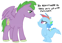 Size: 900x620 | Tagged: safe, artist:bux, derpibooru import, rainbow dash, spike, ponified, dragon, pegasus, pony, baby, baby dragon, dragonified, duo, eye contact, female, frown, looking at each other, male, ponified spike, rainbow dragon, simple background, species swap, stallion, transparent background, unshorn fetlocks