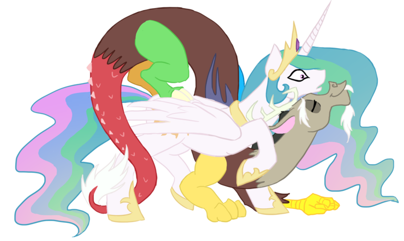 Size: 1000x597 | Tagged: safe, artist:bux, derpibooru import, discord, princess celestia, alicorn, pony, dislestia, female, male, mare, neck nuzzle, nuzzling, shipping, simple background, straight, surprised, transparent background