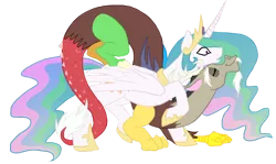 Size: 1000x597 | Tagged: safe, artist:bux, derpibooru import, discord, princess celestia, alicorn, pony, dislestia, female, male, mare, neck nuzzle, nuzzling, shipping, simple background, straight, surprised, transparent background