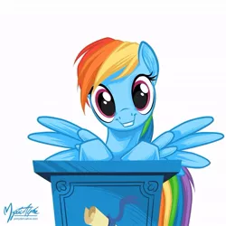 Size: 825x825 | Tagged: safe, artist:mysticalpha, derpibooru import, rainbow dash, pegasus, pony, female, looking at you, mare, podium, simple background, smiling, solo, white background