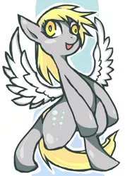 Size: 496x702 | Tagged: safe, artist:moyamoya kuroi, derpibooru import, derpy hooves, pony, abstract background, bipedal, colored pupils, female, mare, pixiv, solo, spread wings