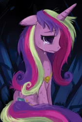 Size: 574x850 | Tagged: safe, artist:ende26, derpibooru import, princess cadance, alicorn, pony, cave, crying, female, floppy ears, mare, messy mane, princess, princess sadance, sad, sitting, solo