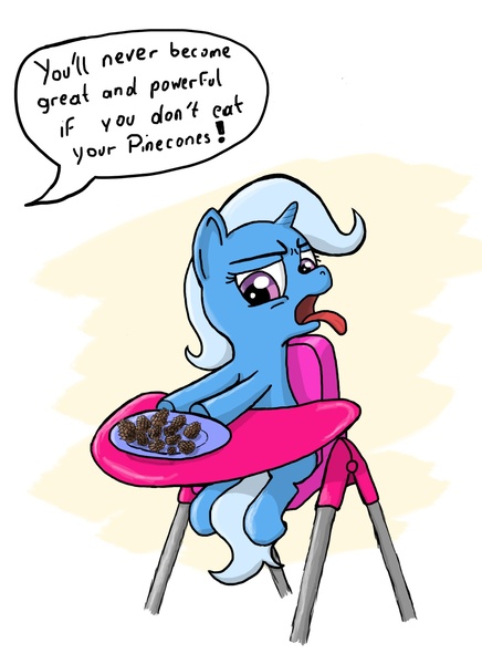 Size: 1276x1754 | Tagged: safe, artist:osakaoji, derpibooru import, trixie, pony, unicorn, disgusted, female, filly, pinecone, sitting, solo, tongue out, trixie eating pinecones, young