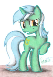 Size: 1627x2320 | Tagged: safe, artist:patoriotto, derpibooru import, lyra heartstrings, pony, unicorn, do not want, female, mare, raised hoof, solo, traditional art