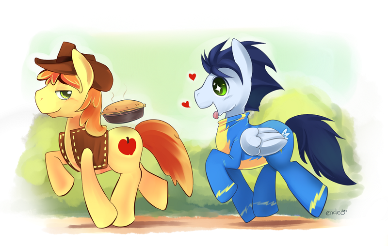 Size: 1163x739 | Tagged: safe, artist:ende26, derpibooru import, braeburn, soarin', earth pony, pegasus, pony, clothes, eyes on the prize, gay, heart, male, pie, shipping, soarburn, stallion, tongue out, trotting, uniform, wonderbolts uniform