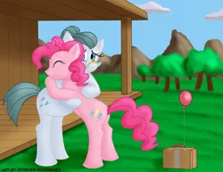 Size: 800x617 | Tagged: safe, artist:digoraccoon, derpibooru import, cloudy quartz, pinkie pie, earth pony, pony, balloon, duo, duo female, female, hug, mare, mother and child, mother and daughter, smiling, suitcase, veranda