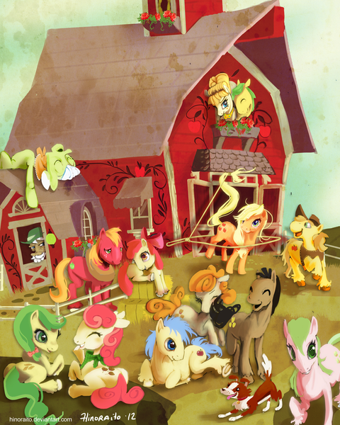 Size: 840x1050 | Tagged: safe, artist:hinoraito, derpibooru import, apple bloom, apple bumpkin, apple fritter, apple strudel, applejack, aunt orange, big macintosh, braeburn, caramel apple, golden delicious, granny smith, red delicious, red gala, uncle orange, winona, earth pony, pony, apple family, apple family member, barn, female, lasso, male, mare, stallion, sweet apple acres, the oranges, unshorn fetlocks