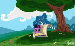 Size: 1680x1050 | Tagged: safe, artist:mysticalpha, derpibooru import, twilight sparkle, pony, unicorn, bench, book, female, mare, prone, reading, solo, tree, unicorn twilight, wallpaper