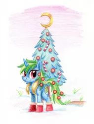 Size: 823x1082 | Tagged: safe, artist:needsmoarg4, derpibooru import, trixie, pony, unicorn, boots, christmas, christmas tree, female, g4, mare, redesign, solo, traditional art, tree