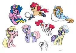 Size: 1280x894 | Tagged: safe, artist:needsmoarg4, derpibooru import, bon bon (g1), bright eyes, clover (g1), melody, patch (g1), starlight (g1), sweetheart, earth pony, pony, my little pony tales, female, g1, g1 to g4, generation leap, mare, rearing, simple background, tail wrap, white background