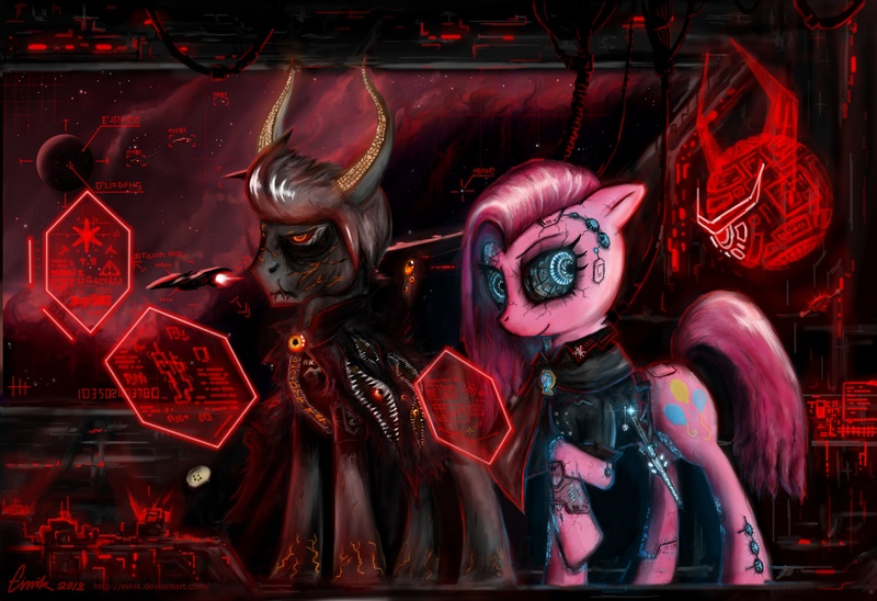 Size: 5120x3504 | Tagged: grimdark, artist:einik, derpibooru import, pinkie pie, oc, cyborg, earth pony, pony, badass, clothes, duo, female, fight, future, futuristic, mare, pinkamena diane pie, science fiction, space, technology