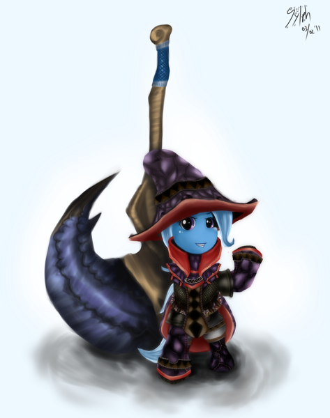 Size: 1260x1600 | Tagged: safe, artist:sylphan, derpibooru import, trixie, semi-anthro, unicorn, axe, clothes, costume, female, monster hunter, parody, solo, weapon