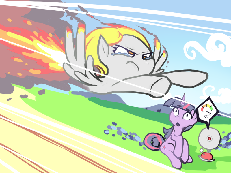 Size: 1024x768 | Tagged: safe, artist:karzahnii, derpibooru import, derpy hooves, twilight sparkle, pegasus, pony, unicorn, hurricane fluttershy, anemometer, crying, epic derpy, fast, female, fire, intense, mare, sitting, unicorn twilight