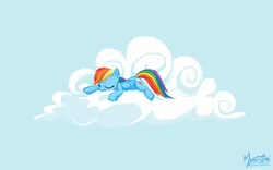 Size: 1680x1050 | Tagged: safe, artist:mysticalpha, derpibooru import, rainbow dash, pegasus, pony, cloud, cutie mark, eyes closed, female, hooves, lying on a cloud, mare, on a cloud, prone, sleeping, sleepydash, solo, wallpaper, wings