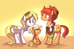 Size: 1200x800 | Tagged: safe, artist:karzahnii, derpibooru import, applejack, earth pony, pony, apple, applejack's parents, backlighting, female, filly, foal, food, hatless, male, mare, missing accessory, sitting, stallion, young, younger