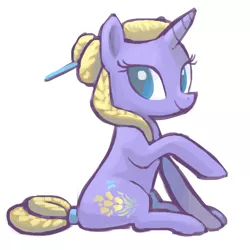 Size: 800x800 | Tagged: safe, artist:needsmoarg4, derpibooru import, forsythia, pony, unicorn, colored pupils, female, g4, mare, raised hoof, sitting, smiling, solo