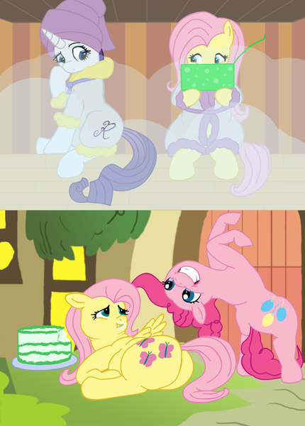 Size: 917x1280 | Tagged: safe, artist:stonershy, derpibooru import, fluttershy, pinkie pie, rarity, earth pony, pegasus, pony, unicorn, bathrobe, cake, clothes, fat, fattershy, female, food, mare, robe, sauna