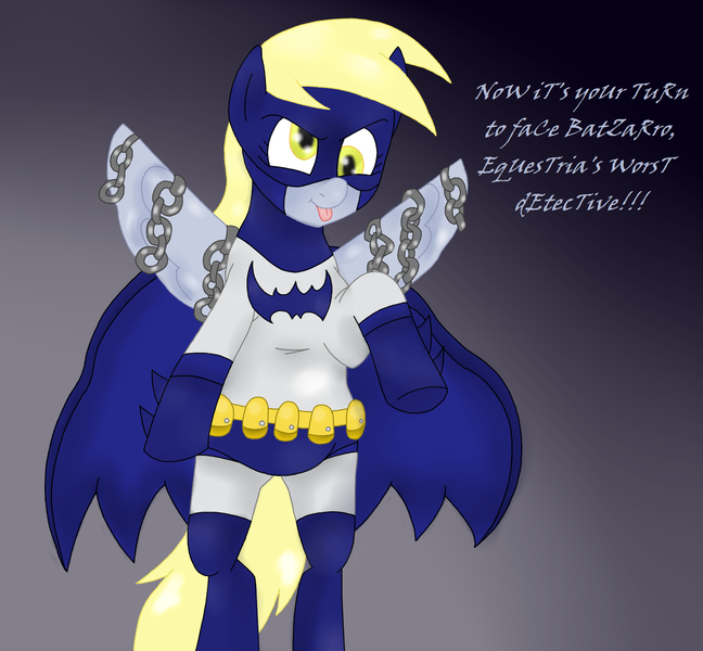 Size: 1487x1376 | Tagged: safe, artist:blackbewhite2k7, derpibooru import, derpy hooves, pegasus, pony, batman, batzarro, bipedal, chains, crossover, female, gradient background, mare, parody, solo, tongue out