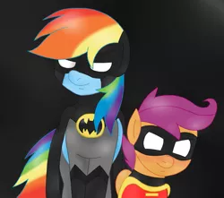 Size: 1015x898 | Tagged: safe, artist:blackbewhite2k7, derpibooru import, rainbow dash, scootaloo, pegasus, pony, batman, batman and robin, crossover, duo, duo female, female, filly, gradient background, mare, parody, robin