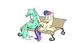 Size: 320x180 | Tagged: safe, artist:tranquilmind, derpibooru import, bon bon, lyra heartstrings, sweetie drops, earth pony, pony, unicorn, animated, baman piderman, bench, dragging, duo, female, frame by frame, gif, image, mare, no pupils, parody, simple background, sitting, squigglevision, tail, tail pull, wat, white background