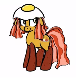 Size: 474x490 | Tagged: artist:jessy, augmented tail, bacon, bacon and eggs, derpibooru import, female, food pony, original species, safe, simple background, solo, white background