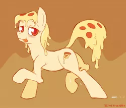 Size: 1280x1097 | Tagged: safe, artist:swaetshrit, derpibooru import, oc, oc:mozzarella orgy, unofficial characters only, earth pony, food pony, original species, pizza pony, pony, :p, abstract background, blushing, dripping, female, lidded eyes, looking at you, mare, raised hoof, raised leg, silly, smiling, solo, sweat, tongue out