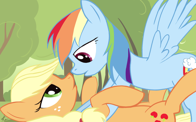 Size: 1800x1128 | Tagged: dead source, suggestive, artist:raikoh, derpibooru import, applejack, rainbow dash, earth pony, pegasus, pony, adobe imageready, appledash, bedroom eyes, eye contact, female, females only, hatless, imminent kissing, lesbian, looking at each other, lying down, mare, missing accessory, on back, photoshop, profile, shipping, sultry pose, wingboner