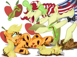 Size: 1000x735 | Tagged: safe, artist:jamescorck, derpibooru import, applejack, flam, flim, earth pony, pony, unicorn, fanfic, abuse, bad end, crying, female, flim flam brothers, grin, jackabuse, male, mare, mud, on back, sad, simple background, smiling, stallion, straw, the bad guy wins, there will be blood, white background