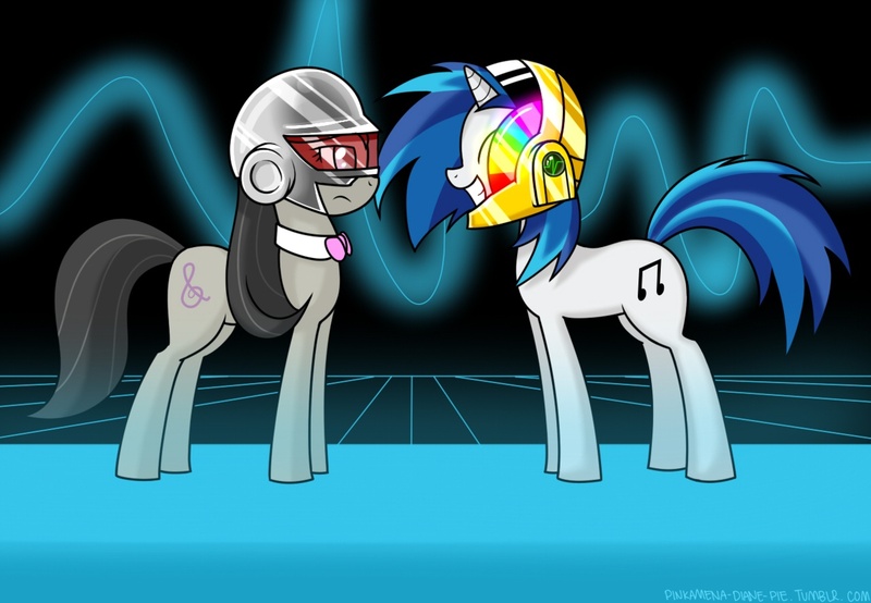 Size: 1280x886 | Tagged: safe, artist:frankier77, derpibooru import, octavia melody, vinyl scratch, earth pony, pony, unicorn, abstract background, daft punk, duo, duo female, female, helmet, mare, wallpaper