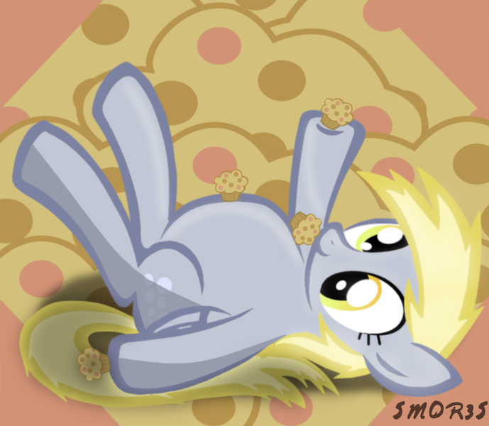Size: 900x784 | Tagged: safe, artist:sm0r35, derpibooru import, derpy hooves, pegasus, pony, abstract background, aderpose, eat muffins every day, fat, female, mare, muffin, on back, smiling, solo, stuffed