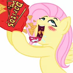 Size: 945x945 | Tagged: safe, artist:megasweet, artist:noobpwner, derpibooru import, fluttershy, pegasus, pony, ahegao, blushing, doritos, drool, eating, female, mare, product placement, simple background, solo, white background