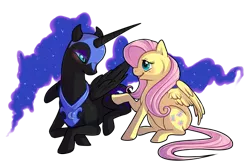 Size: 800x533 | Tagged: safe, artist:keshikins, derpibooru import, fluttershy, nightmare moon, alicorn, pegasus, pony, eye contact, female, fluttermoon, looking at each other, mare, prone, rarepair, shipping, simple background, transparent background