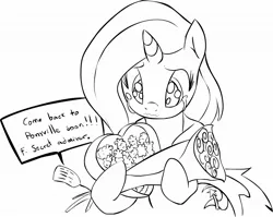 Size: 1846x1473 | Tagged: safe, artist:zev, derpibooru import, trixie, pony, unicorn, belly button, blushing, crying, female, flower, grayscale, mare, monochrome, pinecone, secret admirer, solo, tears of joy, valentine, wavy mouth
