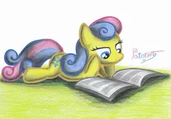 Size: 2327x1615 | Tagged: safe, artist:patoriotto, derpibooru import, bon bon, sweetie drops, earth pony, pony, book, female, mare, prone, reading, smiling, solo, traditional art