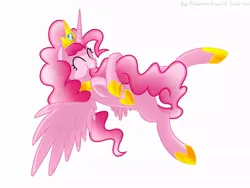 Size: 1024x768 | Tagged: safe, artist:frankier77, derpibooru import, pinkie pie, alicorn, pony, alicornified, cute, diapinkes, eyes closed, female, flying, hilarious in hindsight, mare, pinkiecorn, race swap, simple background, solo, tail bite, this will end in parties, this will end in tears, white background, xk-class end-of-the-world scenario