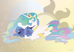 Size: 1280x905 | Tagged: safe, artist:dawnallies, derpibooru import, princess celestia, princess luna, alicorn, pony, abstract background, cute, eyes closed, female, filly, lunabetes, mare, prone, s1 luna, sleeping, sun, woona, younger