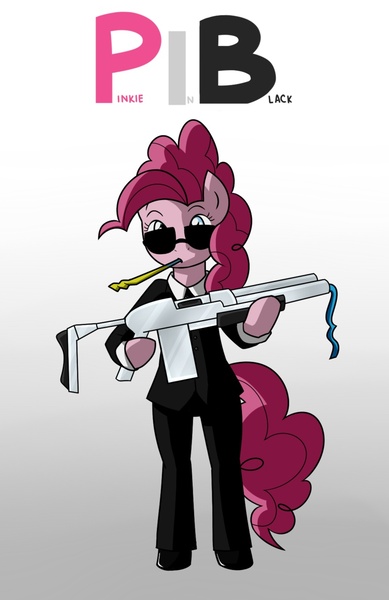 Size: 830x1280 | Tagged: artist:frankier77, bipedal, clothes, crossover, derpibooru import, female, gradient background, gun, men in black, parody, pinkie pie, safe, semi-anthro, solo, suit, sunglasses, weapon